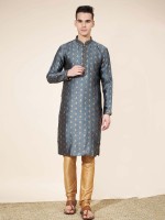 Slate Blue Jacquard Silk Readymade Kurta Pajama